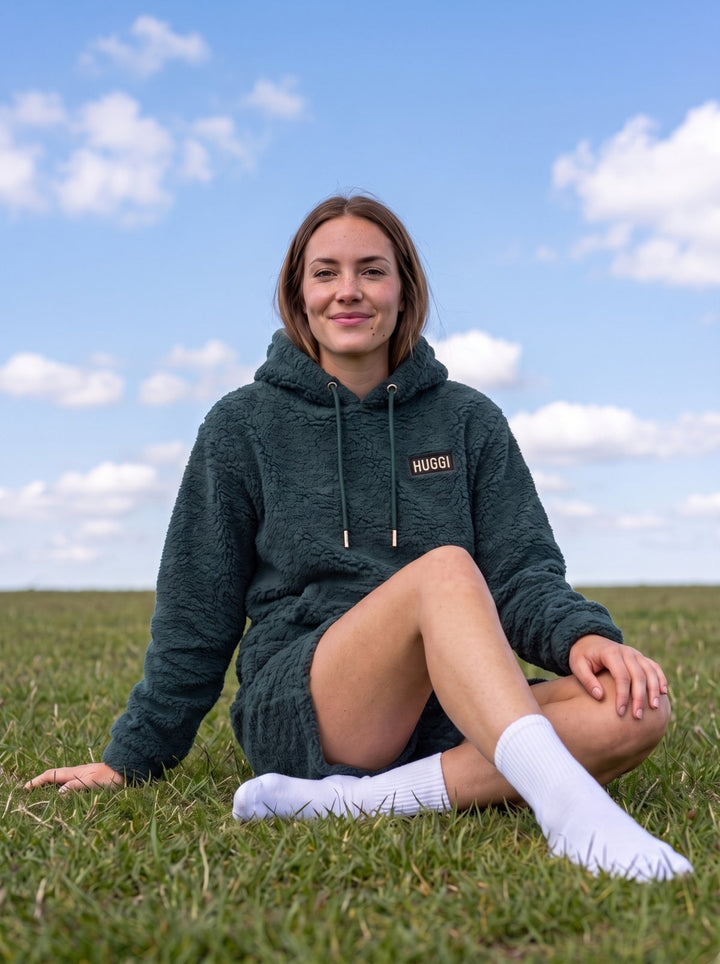 Woman in the Dark Green Huggi Fleece Two-Piece Set sitting on the grass model: Emma is 5&
