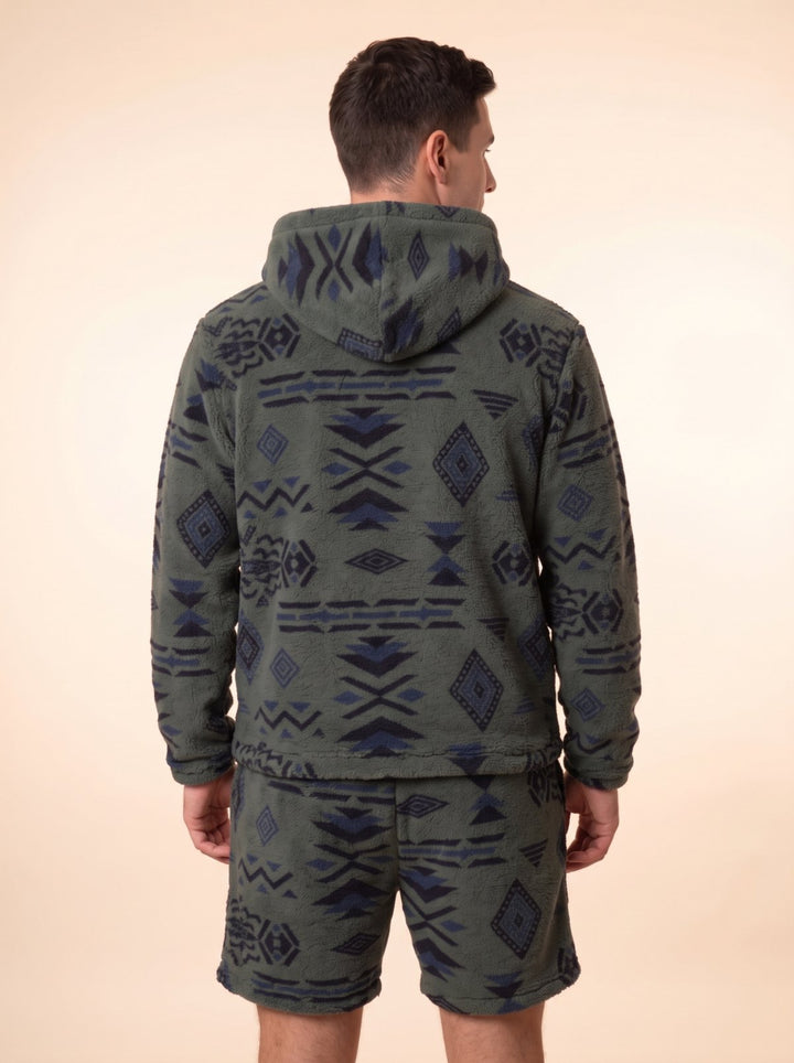 Back view of the Huggi Fleece Two-Piece Set in Green &amp; Black Aztec print, hood down