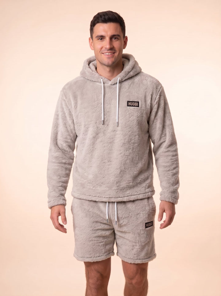 Huggi Fleece Two-Piece Set in Gray – front view walking model: Luke is 6&