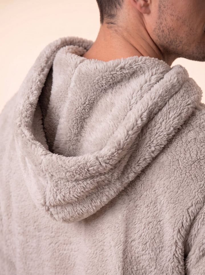 Close-up of the plush sherpa-lined hood on the Gray Huggi Fleece Two-Piece Set